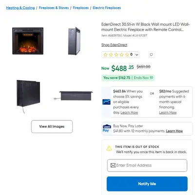 EdenDirect 30.51-in W Black Wall-Mount LED Fireplace - Thumbnail 2